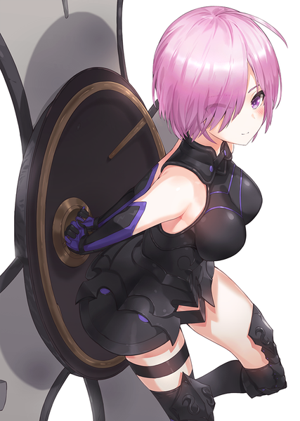 Anime picture 761x1070 with fate (series) fate/grand order mash kyrielight kfr single tall image looking at viewer blush fringe short hair breasts simple background smile white background purple eyes holding pink hair ahoge hair over one eye girl