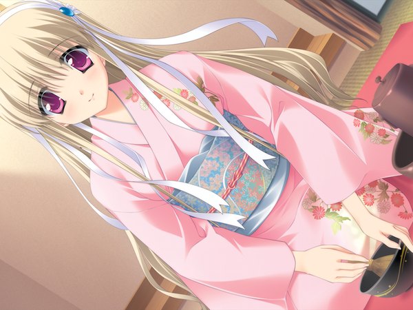 Anime picture 1024x768 with honey coming clarissa satsuki maezono long hair blonde hair game cg japanese clothes pink eyes girl kimono