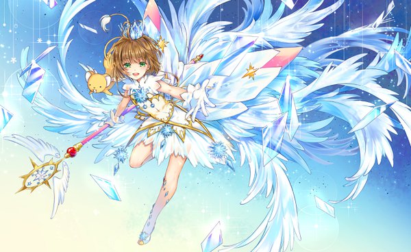 Anime picture 2800x1720 with card captor sakura clamp kinomoto sakura kero (cardcaptor sakura) kingchenxi single looking at viewer blush highres short hair brown hair wide image green eyes full body ahoge bent knee (knees) sparkle outstretched hand multiple wings girl