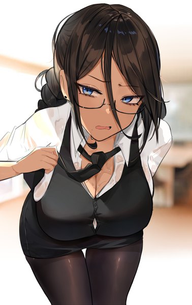 Anime picture 900x1427 with original amanda (oni noodle) oni noodle single long hair tall image looking at viewer fringe breasts open mouth blue eyes light erotic brown hair standing leaning depth of field leaning forward thigh gap dark skin partially open clothes