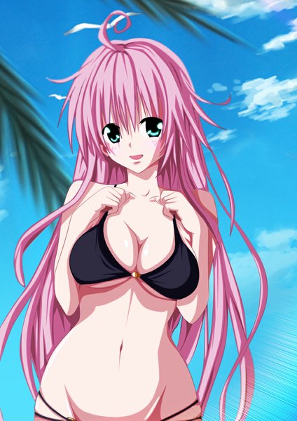 Anime picture 707x1000 with toloveru toloveru darkness xebec lala satalin deviluke i-azu single long hair tall image blush open mouth light erotic smile green eyes pink hair sky cloud (clouds) ahoge bare belly midriff coloring