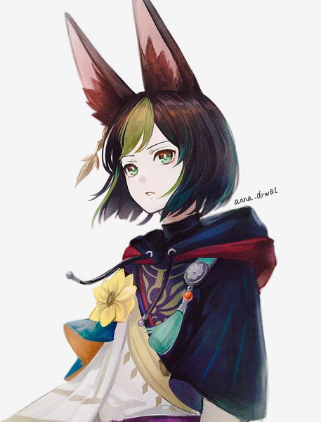 Anime picture 1250x1640 with genshin impact tighnari (genshin impact) anna (drw01) single tall image short hair black hair simple background white background green eyes signed animal ears looking away upper body multicolored hair streaked hair boy hood tassel