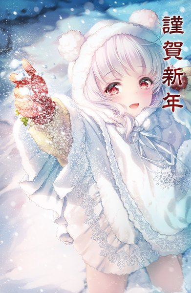 Anime picture 522x800 with original paint musume single tall image looking at viewer blush fringe short hair open mouth smile red eyes standing white hair :d arm up fur trim lens flare hieroglyph snowing winter