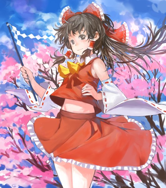 Anime picture 975x1100 with touhou hakurei reimu zrero single long hair tall image looking at viewer black hair traditional clothes light smile wind black eyes cherry blossoms miko girl bow plant (plants) hair bow detached sleeves tree (trees)