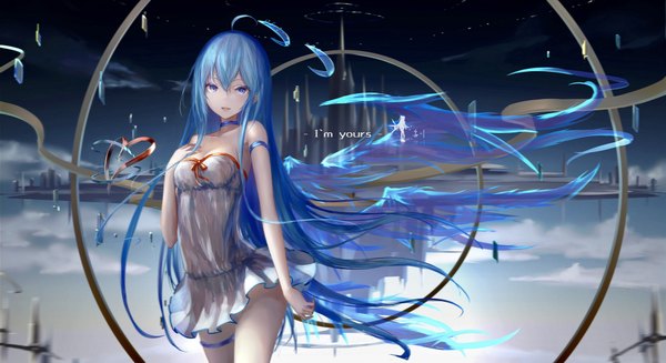 Anime picture 1980x1080 with original swd3e2 single long hair looking at viewer fringe highres breasts blue eyes light erotic hair between eyes wide image blue hair sky cloud (clouds) blurry floating hair text english floating island