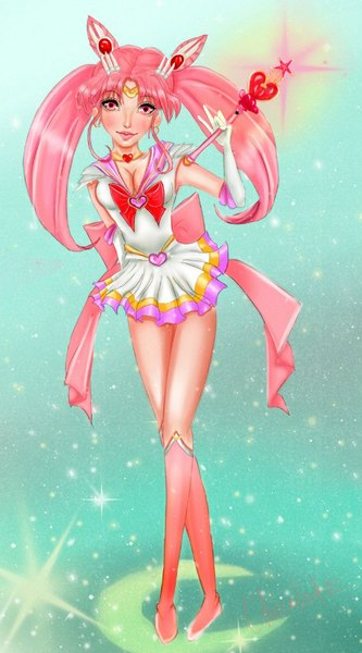 Anime picture 570x1024 with bishoujo senshi sailor moon toei animation sailor chibi moon tagme (artist) single long hair tall image looking at viewer blush breasts twintails pink hair pink eyes legs crossed legs crescent girl gloves hair ornament bow