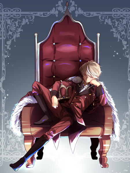 Anime picture 600x800 with aldnoah.zero a-1 pictures slaine troyard simabe single tall image fringe short hair simple background blonde hair hair between eyes sitting looking away full body bent knee (knees) grey background grey eyes fur trim shaded face framed
