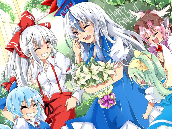 Anime picture 1400x1050 with touhou cirno fujiwara no mokou kamishirasawa keine mystia lorelei daiyousei red eyes multiple girls pink hair white hair multicolored hair aqua hair two-tone hair streaked hair girl bow 5 girls