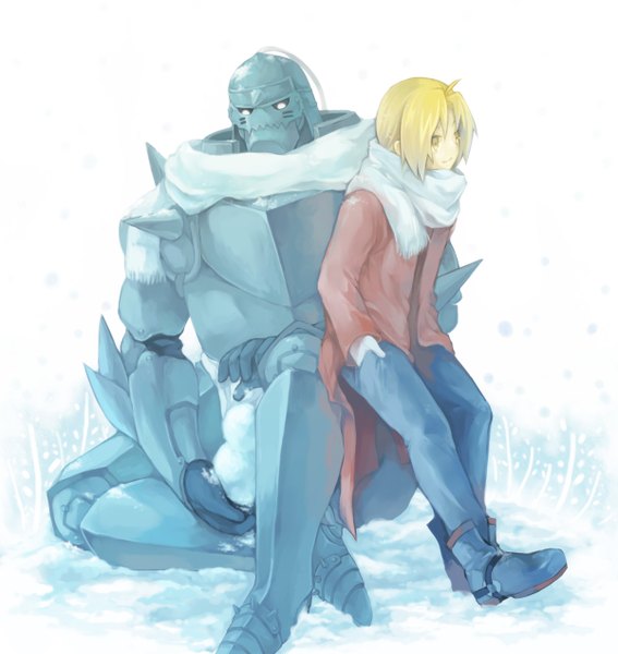 Anime picture 1200x1268 with fullmetal alchemist studio bones edward elric alphonse elric k z (pixiv) tall image blonde hair simple background yellow eyes snowing winter snow hand in pocket siblings brothers boy scarf armor pants cloak