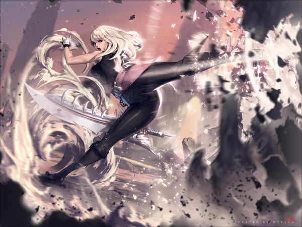 Anime picture 900x675 with nightmadness single long hair fringe open mouth blonde hair bare shoulders looking away sleeveless thick thighs kick girl gloves weapon sword boots debris