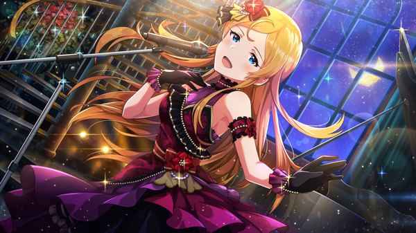Anime picture 1282x722 with idolmaster idolmaster million live! shinomiya karen single long hair looking at viewer blush open mouth blue eyes blonde hair wide image sparkle hand on chest crescent singing girl dress gloves bow hair bow