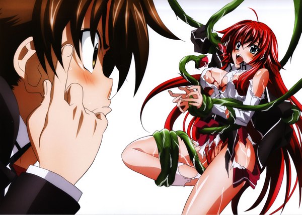 Anime picture 6930x4952 with highschool dxd rias gremory miyama zero mishima hiroji long hair blush highres short hair breasts open mouth blue eyes light erotic brown hair large breasts white background brown eyes absurdres red hair scan official art