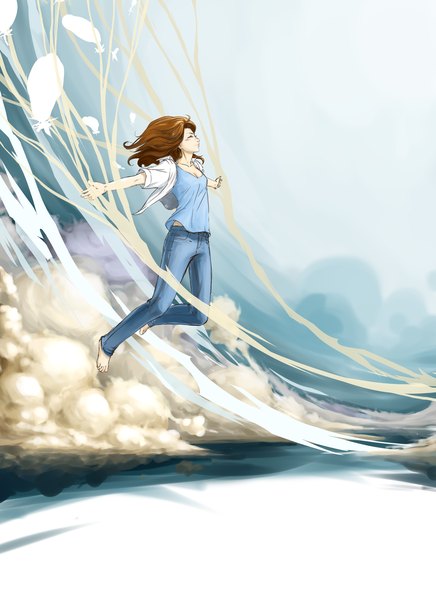Anime picture 900x1238 with original kika-alf single long hair tall image brown hair eyes closed profile wind spread arms flying jumping weightlessness girl cape feather (feathers) t-shirt jeans