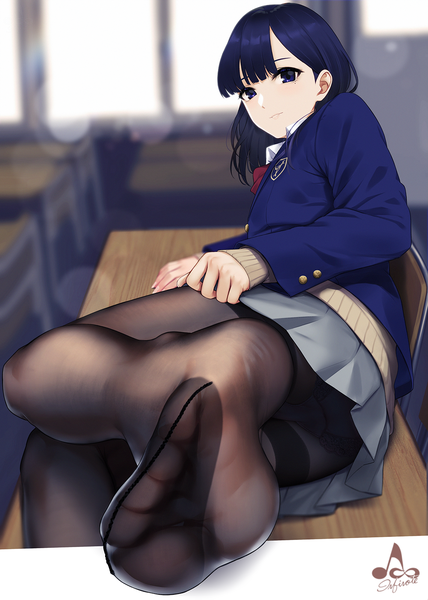 Anime picture 1141x1600 with miru tights nakabeni yua infinote single long hair tall image looking at viewer blush fringe blue eyes light erotic hair between eyes holding signed blue hair bent knee (knees) indoors blunt bangs pleated skirt light smile