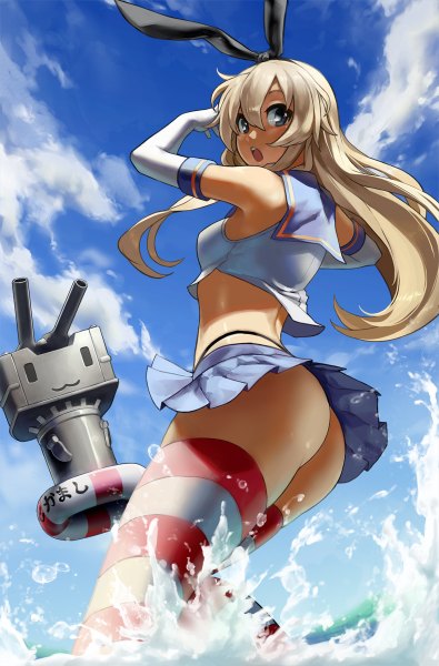 Anime picture 790x1200 with kantai collection shimakaze destroyer rensouhou-chan eu03 long hair tall image looking at viewer open mouth light erotic blonde hair ass grey eyes zettai ryouiki :3 girl thighhighs skirt gloves hair ornament underwear