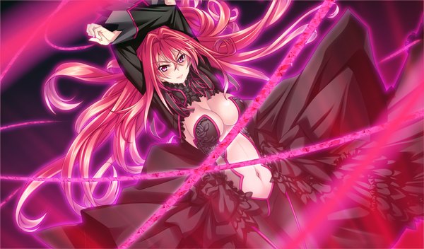 Anime picture 1084x636 with sousouki reginald corticarte reichstein single long hair breasts light erotic red eyes wide image game cg red hair arms up magic girl dress navel