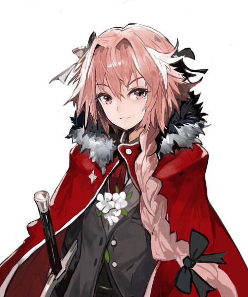 Anime picture 800x960 with fate (series) fate/grand order fate/apocrypha astolfo (fate) alchemaniac single long hair tall image fringe simple background hair between eyes white background looking away pink hair upper body braid (braids) pink eyes multicolored hair light smile two-tone hair