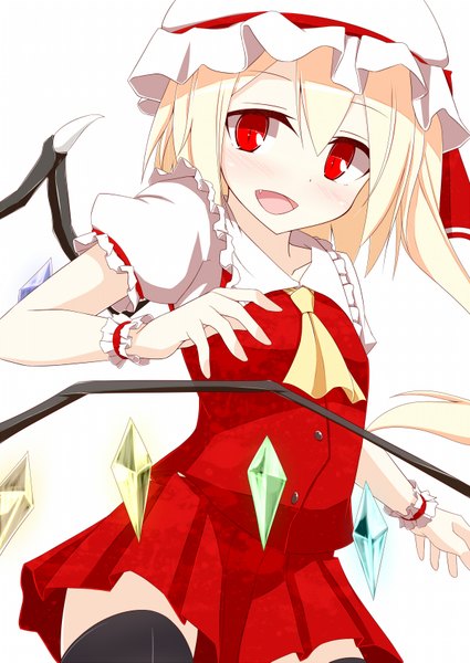 Anime picture 1200x1693 with touhou flandre scarlet pspmaru single tall image blush short hair open mouth red eyes white hair girl thighhighs dress skirt black thighhighs wings bonnet skirt set