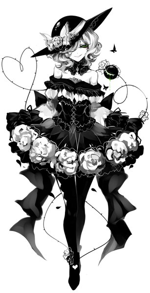 Anime picture 2100x4100 with touhou komeiji koishi sheya single tall image looking at viewer fringe highres short hair simple background smile standing white background bare shoulders green eyes full body parted lips hair over one eye monochrome curly hair