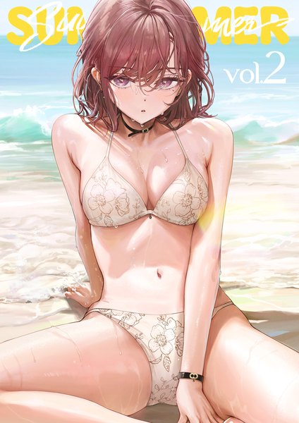 Anime picture 1200x1697 with idolmaster idolmaster shiny colors higuchi madoka ame (uten cancel) single tall image looking at viewer blush fringe short hair breasts open mouth light erotic hair between eyes brown hair sitting brown eyes outdoors mole arm support