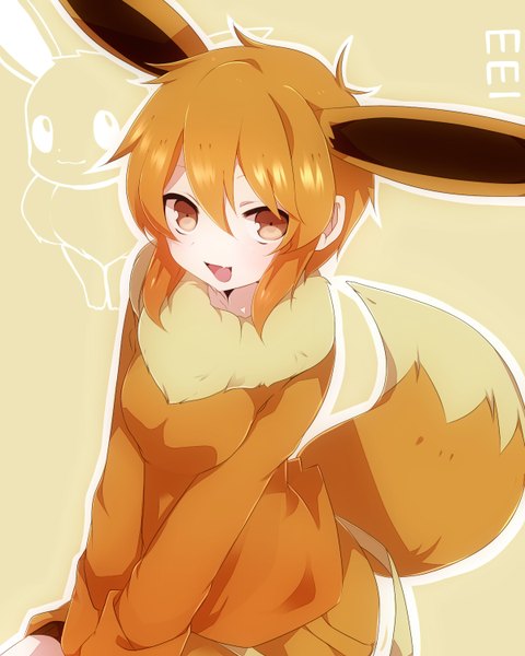 Anime picture 1200x1500 with pokemon nintendo eevee takeshima eku single tall image looking at viewer short hair open mouth brown eyes animal ears animal tail orange hair gen 1 pokemon pokemon number girl