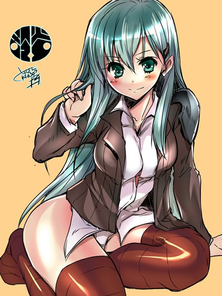 Anime picture 800x1067 with kantai collection suzuya heavy cruiser tokitamonta single long hair tall image looking at viewer blush light erotic simple background sitting green eyes green hair light smile adjusting hair girl thighhighs hair ornament underwear panties