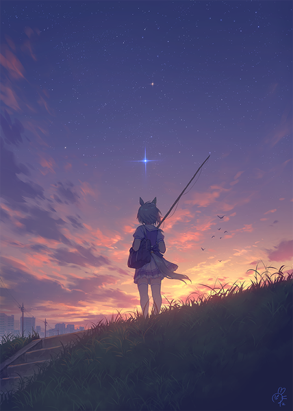 Anime picture 713x1000 with umamusume seiun sky (umamusume) okada manabi single tall image short hair standing signed animal ears sky cloud (clouds) outdoors tail animal tail pleated skirt wind from behind from below evening sunset
