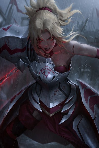 Anime picture 817x1226 with fate (series) fate/grand order mordred (fate) raikoart long hair tall image looking at viewer fringe hair between eyes bare shoulders signed outdoors ponytail blurry teeth wet glowing solo focus rain clenched teeth