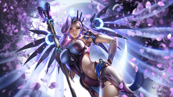 Anime picture 5000x2813 with overwatch blizzard entertainment mercy (overwatch) atlantic mercy liang xing single long hair looking at viewer highres breasts blue eyes light erotic wide image holding signed absurdres purple hair light smile realistic night