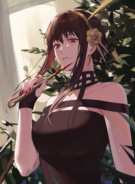 Anime picture 2200x3000 with spy x family yor briar mond sl single long hair tall image fringe highres black hair hair between eyes red eyes upper body nail polish from below sleeveless red nail polish bloody weapon girl weapon plant (plants)
