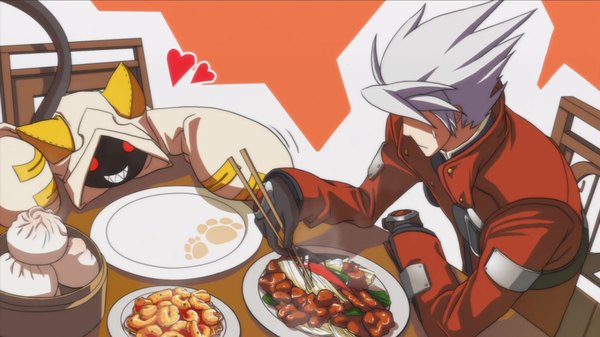 Anime picture 1920x1080 with blazblue blazblue phase 0 taokaka ragna the bloodedge highres short hair blonde hair smile red eyes wide image sitting animal ears white hair animal tail teeth cat tail sharp teeth girl boy gloves