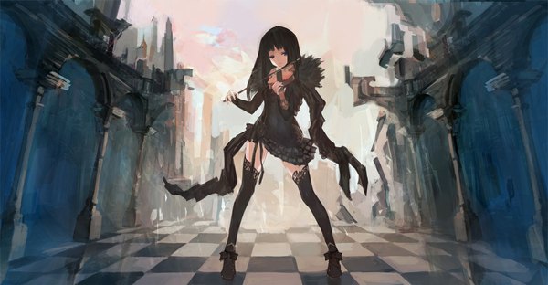 Anime picture 1181x615 with original qghy single long hair looking at viewer fringe black hair wide image standing checkered floor floor playing instrument girl thighhighs dress black thighhighs black dress musical instrument violin bow (instrument)