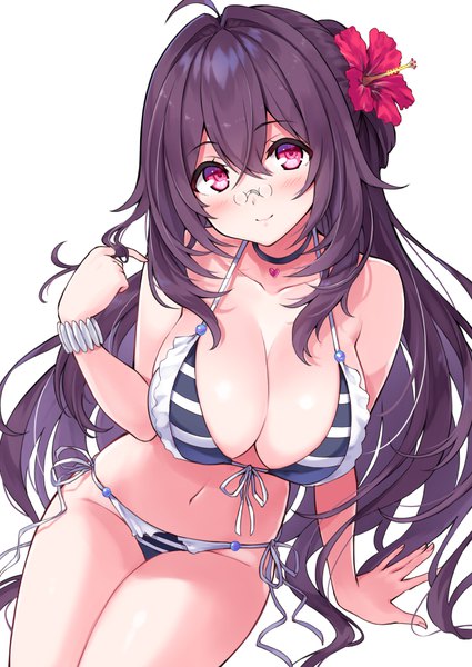 Anime picture 708x1000 with cu-no kokonoe tamaki hisenkaede single long hair tall image looking at viewer blush fringe breasts light erotic simple background smile hair between eyes red eyes large breasts white background sitting bare shoulders payot