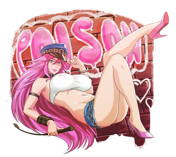 Anime picture 1000x891 with final fight poison (final fight) usatarou single long hair blue eyes light erotic pink hair graffiti police policewoman girl uniform hat shorts bracelet chain collar police uniform