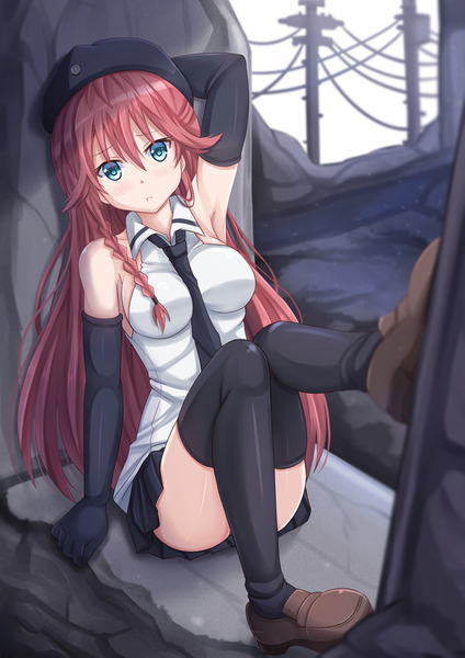 Anime picture 945x1337 with trinity seven asami lilith kazenokaze single long hair tall image looking at viewer blue eyes sitting red hair braid (braids) puffy sleeves single braid arm behind head girl thighhighs skirt gloves black thighhighs hat