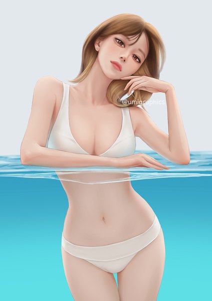 Anime-Bild 827x1169 mit real life umigraphics single tall image looking at viewer fringe short hair breasts light erotic simple background brown hair standing brown eyes signed cleavage head tilt lips realistic twitter username partially submerged