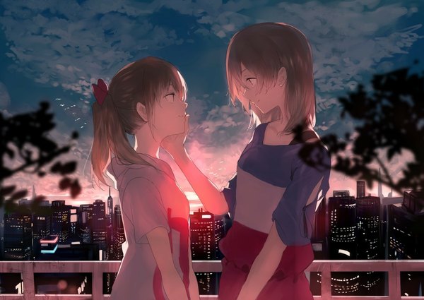 Anime picture 1089x772 with original ran (pixiv2957827) long hair smile brown hair multiple girls brown eyes sky ponytail city evening sunset shoujo ai eye contact girl hair ornament 2 girls