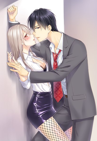 Anime picture 824x1200 with original ichimatsu nana long hair tall image blush short hair breasts light erotic black hair red eyes silver hair profile couple almost kiss girl boy skirt miniskirt shirt pantyhose