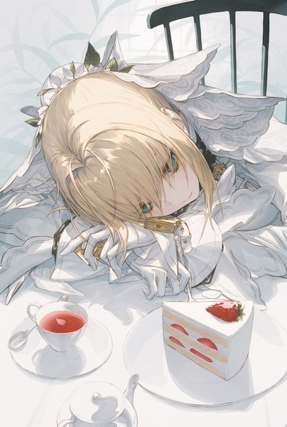 Anime picture 708x1050 with fate (series) fate/grand order nero claudius (fate) (all) nero claudius (bride) (fate) wanke single tall image fringe short hair blonde hair hair between eyes green eyes looking away girl dress gloves plant (plants) petals food belt