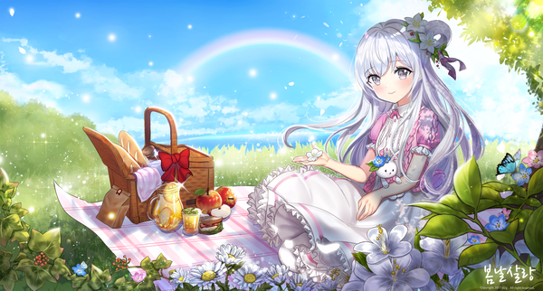 Anime picture 2908x1562 with original ttaji (pass35) long hair looking at viewer blush highres smile wide image sitting sky silver hair cloud (clouds) outdoors hair flower sparkle silver eyes picnic girl dress hair ornament