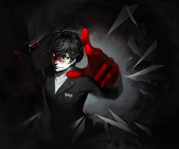 Anime picture 1198x1000 with persona 5 persona amamiya ren salas single looking at viewer fringe short hair black hair smile standing yellow eyes from above lips looking up eyebrows broken glass boy gloves blood