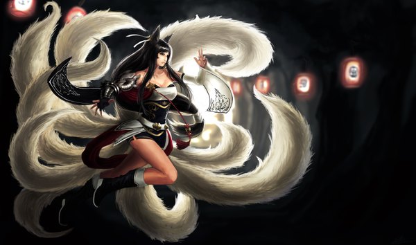 Anime picture 1765x1042 with league of legends ahri (league of legends) edward montenegro artnothearts single long hair fringe highres breasts light erotic black hair wide image bare shoulders animal ears cleavage lips black eyes legs fox ears fox tail