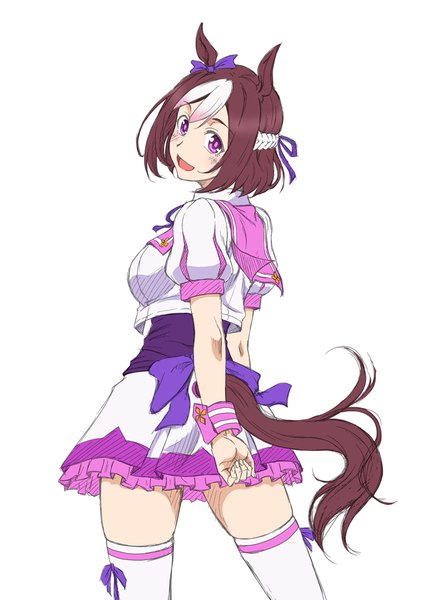 Anime picture 707x1000 with umamusume special week (umamusume) misnon the great single tall image looking at viewer blush short hair open mouth simple background brown hair standing white background purple eyes animal ears tail :d animal tail looking back multicolored hair