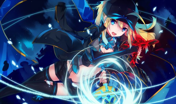 Anime picture 1000x590 with fate (series) fate/grand order mysterious heroine x (fate) jianmo sl single long hair open mouth blue eyes light erotic blonde hair wide image sky cloud (clouds) ahoge torn clothes magic girl thighhighs navel weapon