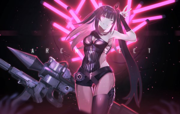 Anime picture 5500x3500 with girls frontline architect (girls frontline) inpamas single long hair looking at viewer fringe highres breasts light erotic black hair smile standing payot absurdres blunt bangs nail polish head tilt one eye closed pink eyes