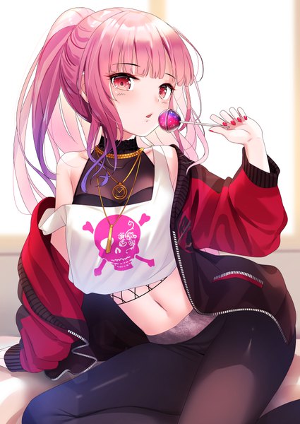 Anime picture 724x1023 with virtual youtuber hololive hololive english mori calliope mori calliope (streetwear) yan (nicknikg) single long hair tall image red eyes payot pink hair ponytail nail polish off shoulder arm support open jacket midriff official alternate costume red nail polish