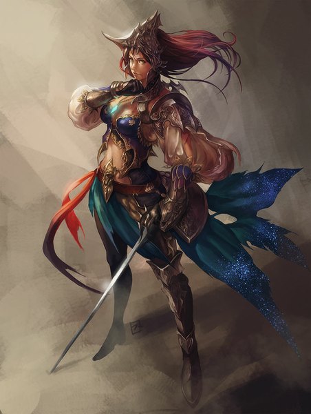 Anime picture 700x928 with original fuji q single long hair tall image looking at viewer breasts standing green eyes red hair girl navel weapon boots armor necklace gauntlets rapier