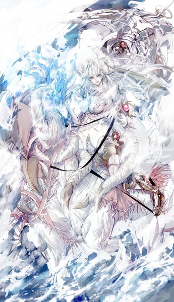 Anime picture 880x1530 with original tanupo long hair tall image looking at viewer breasts light erotic red eyes large breasts sitting white hair horn (horns) glowing riding girl navel weapon animal choker