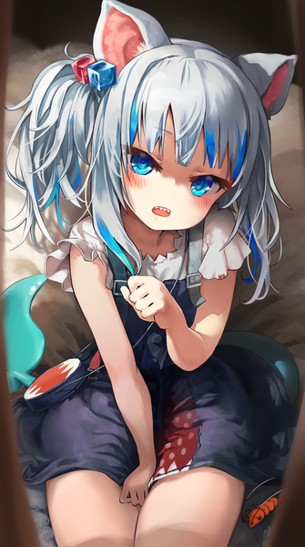 Anime picture 1920x3440 with virtual youtuber hololive hololive english gawr gura gawr gura (2nd costume) melaton single long hair tall image looking at viewer blush fringe highres blue eyes sitting animal ears payot silver hair tail blunt bangs