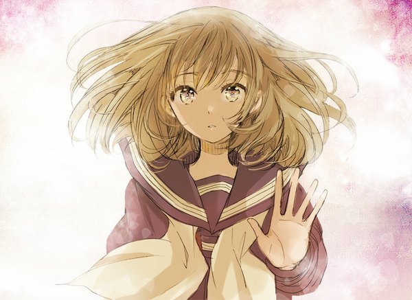 Anime picture 1000x729 with original sugano manami single looking at viewer fringe short hair brown hair yellow eyes wind outstretched arm girl uniform serafuku